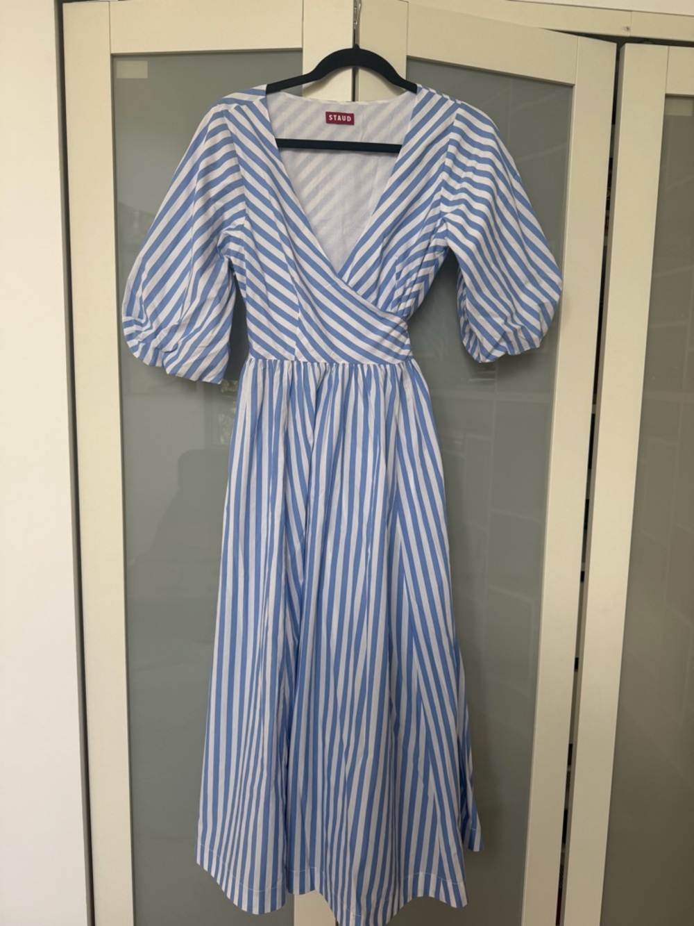 STAUD Blue and White Striped Wrap-Style Midi Dress